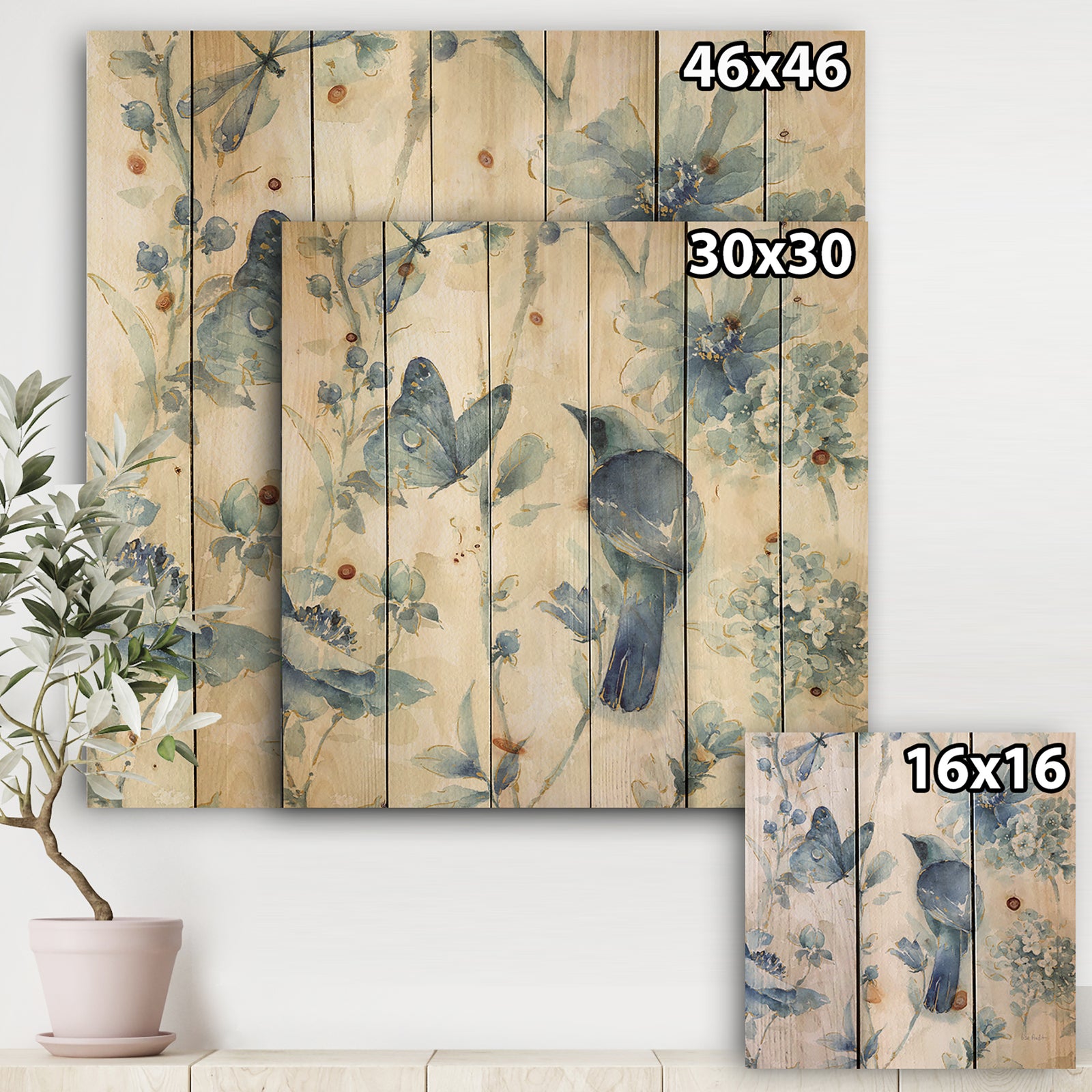 Indigold Bird Cottage Family I - Farmhouse Print on Natural Pine Wood