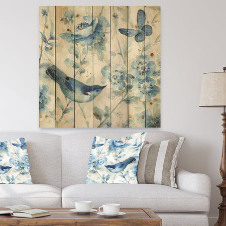 Indigold Bird Cottage Family II - Farmhouse Print on Natural Pine Wood