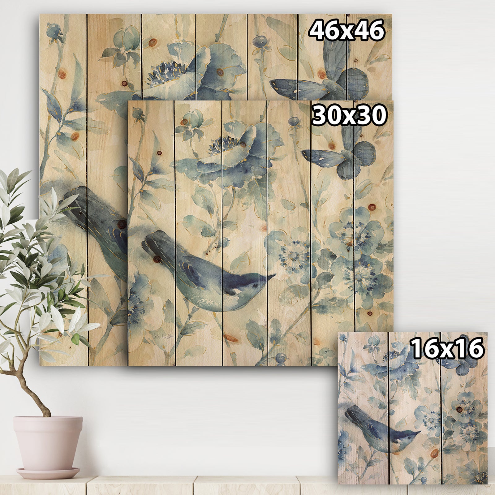 Indigold Bird Cottage Family II - Farmhouse Print on Natural Pine Wood