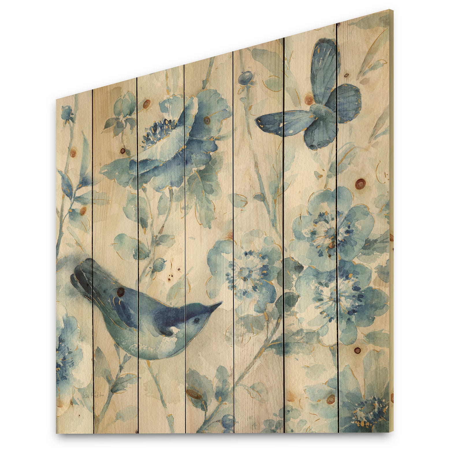 Indigold Bird Cottage Family II - Farmhouse Print on Natural Pine Wood