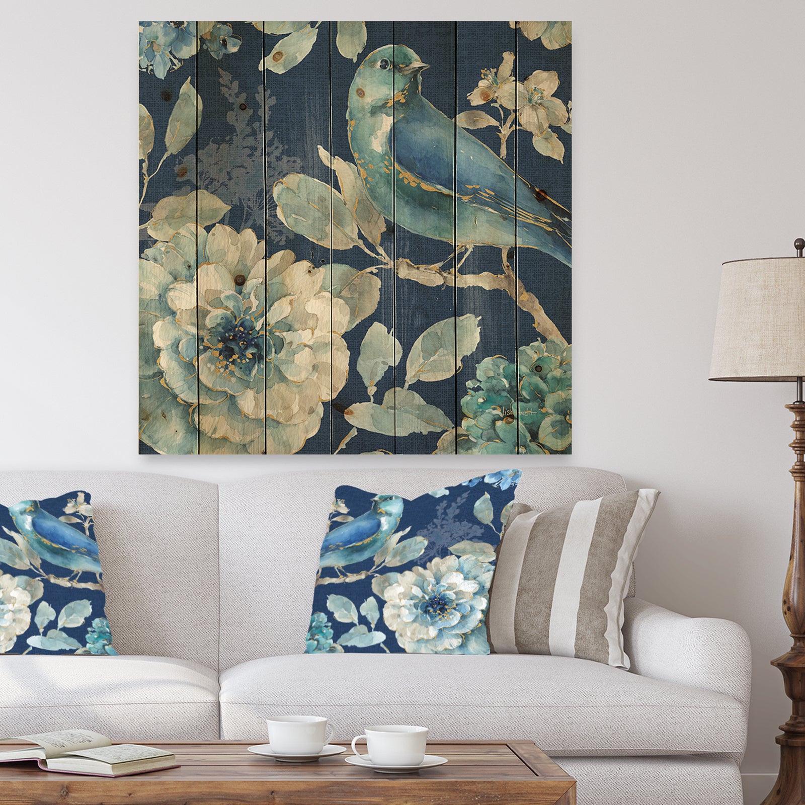 Indigold Bird Cottage Family III - Farmhouse Print on Natural Pine Wood