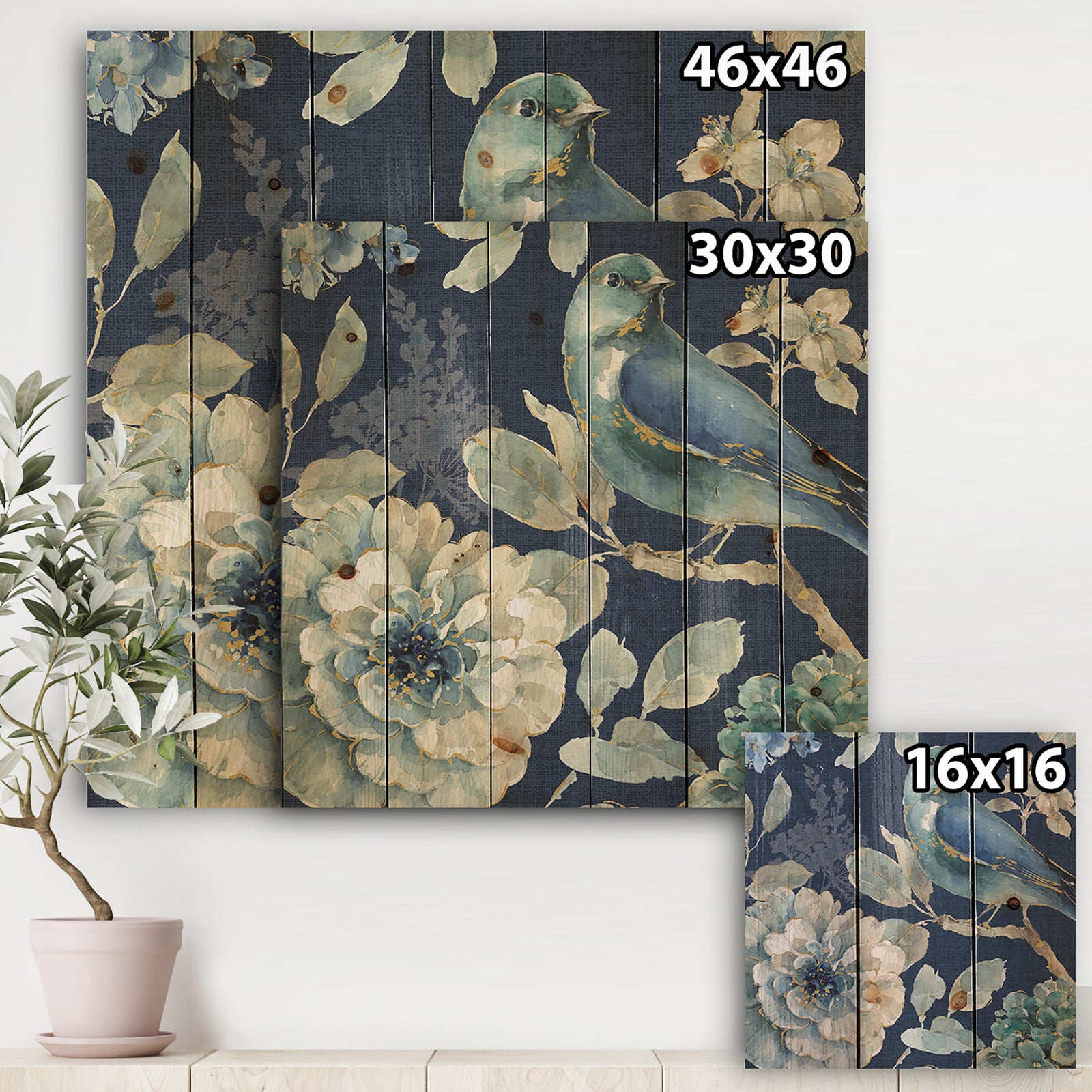 Indigold Bird Cottage Family III - Farmhouse Print on Natural Pine Wood