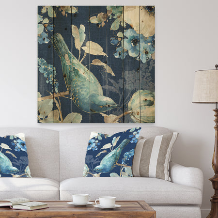 Indigold Bird Cottage Family IV - Farmhouse Print on Natural Pine Wood