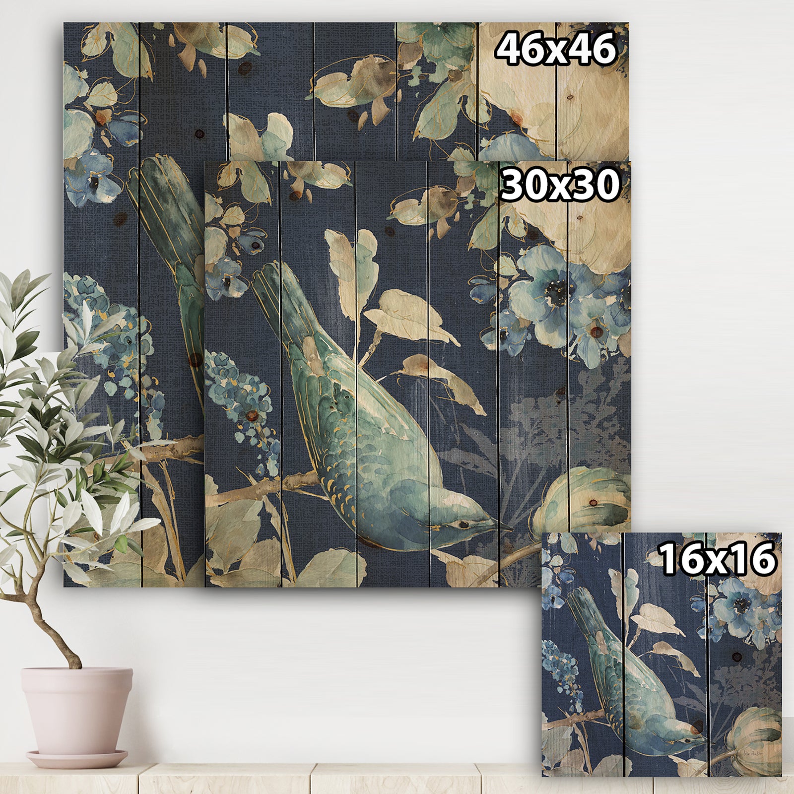 Indigold Bird Cottage Family IV - Farmhouse Print on Natural Pine Wood