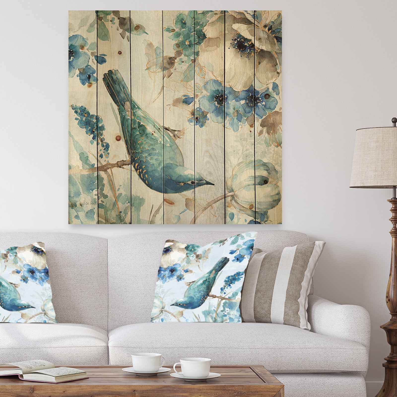 Indigold Watercolor Lovely bird I - Farmhouse Print on Natural Pine Wood
