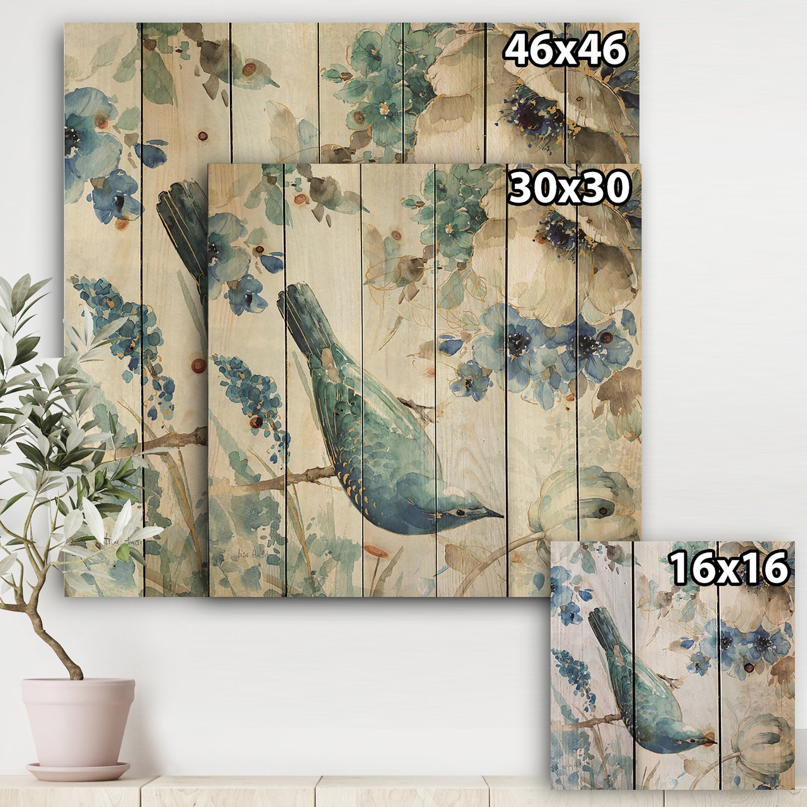 Indigold Watercolor Lovely bird I - Farmhouse Print on Natural Pine Wood