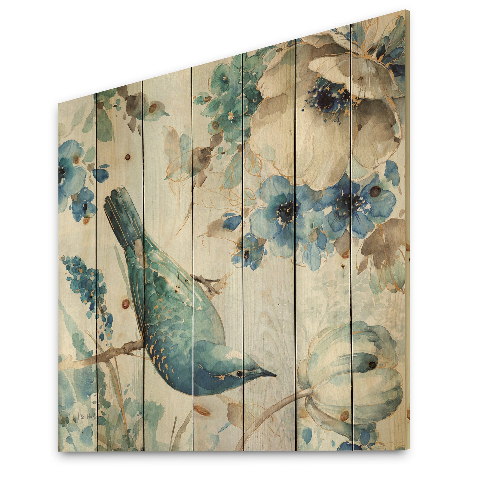 Indigold Watercolor Lovely bird I - Farmhouse Print on Natural Pine Wood