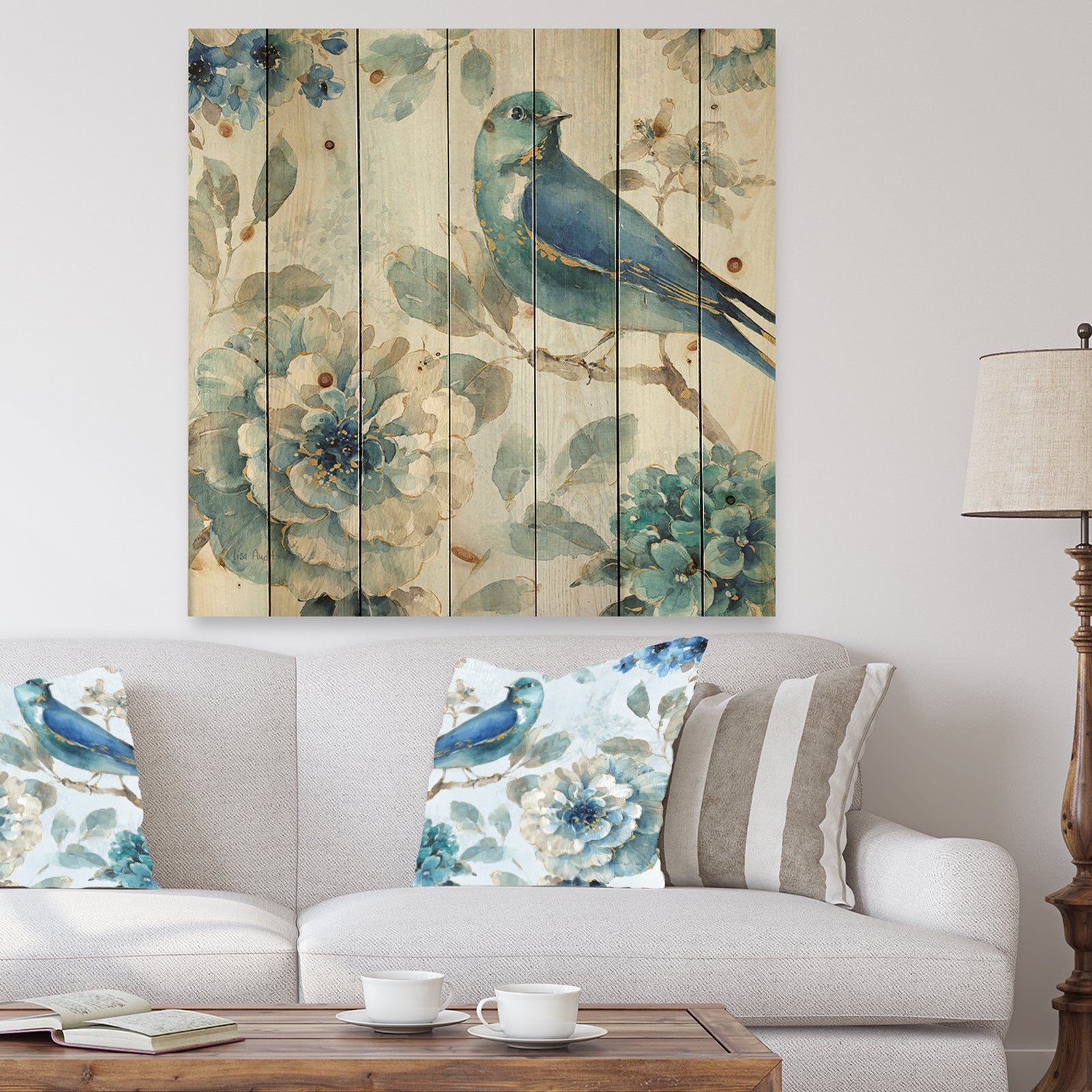 Indigold Watercolor Lovely bird II - Farmhouse Print on Natural Pine Wood