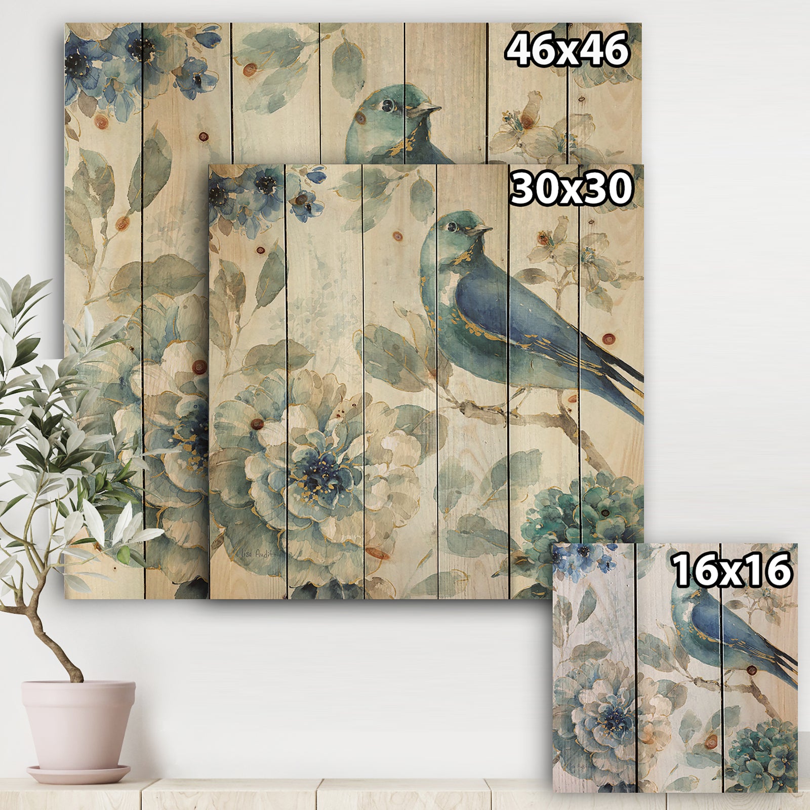 Indigold Watercolor Lovely bird II - Farmhouse Print on Natural Pine Wood