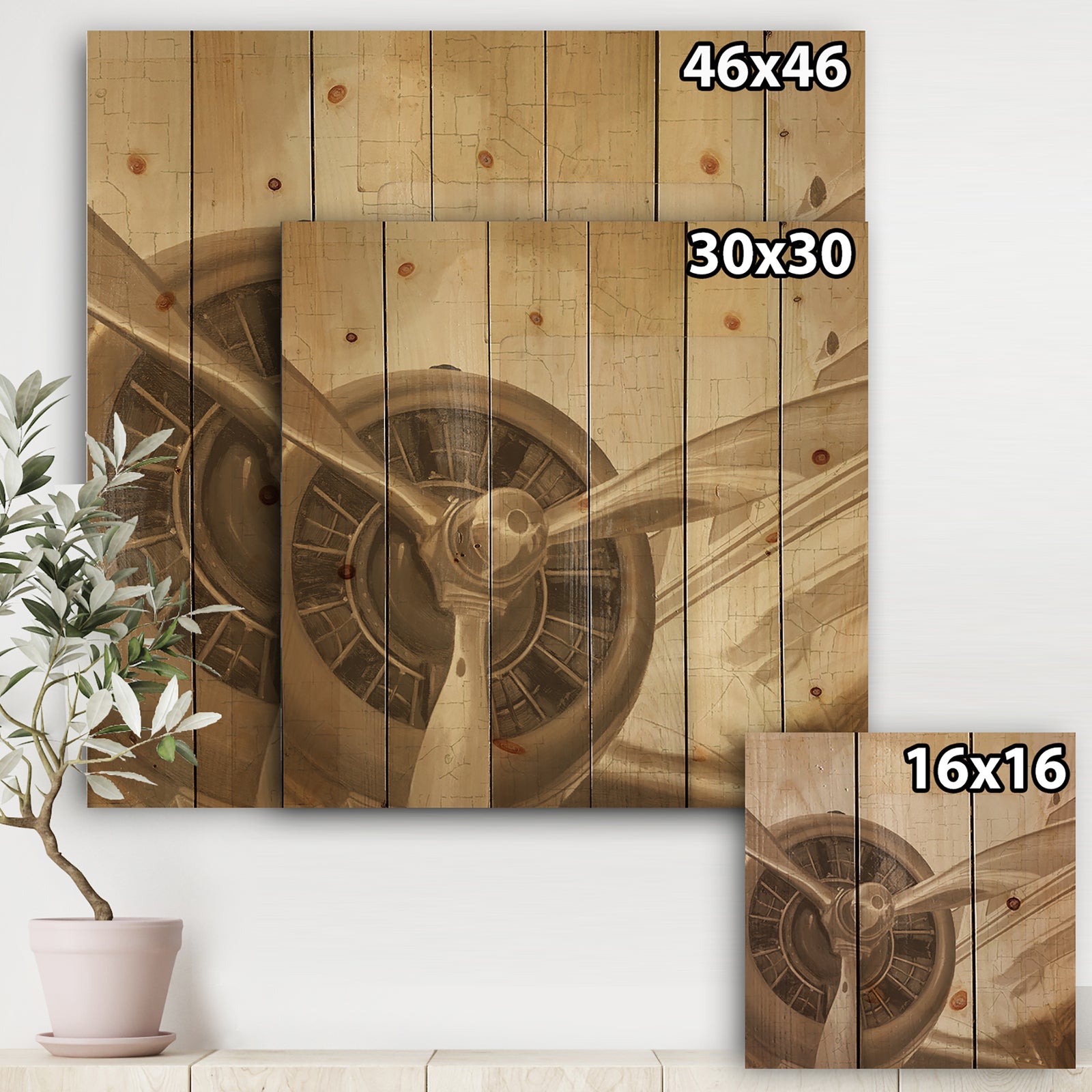 Retro Airplanes Sepia - Vintage Transportation Print on Natural Pine Wood