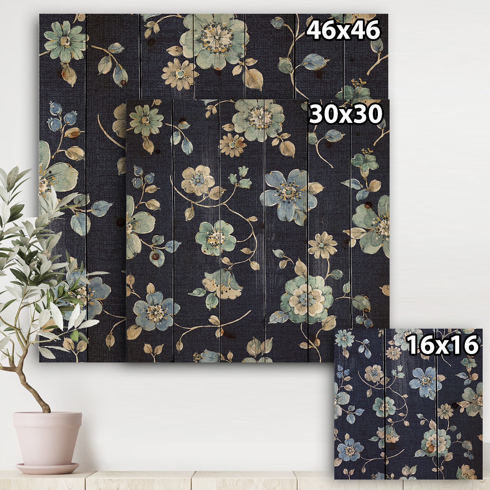 Indigold metallic Flower Pattern - Floral Print on Natural Pine Wood