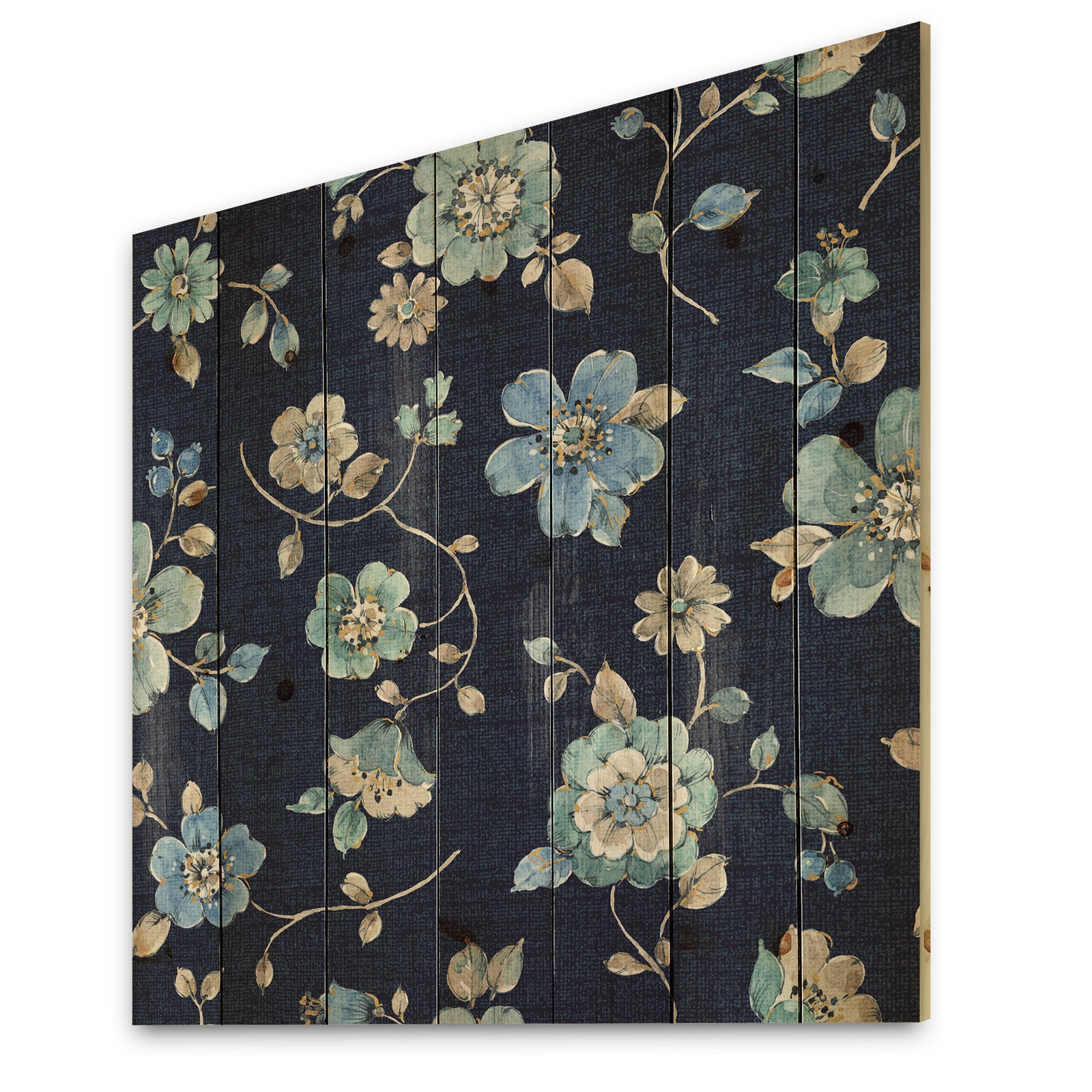 Indigold metallic Flower Pattern - Floral Print on Natural Pine Wood