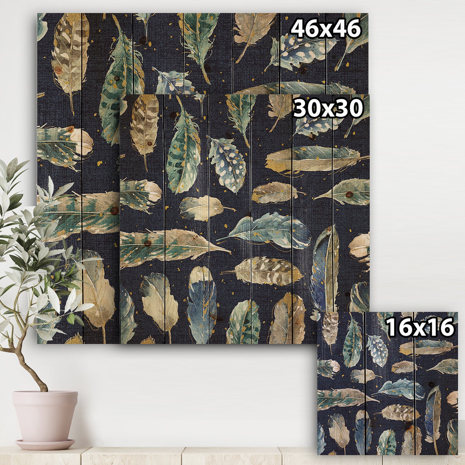 Indigold metallic feathers Pattern - Floral Print on Natural Pine Wood