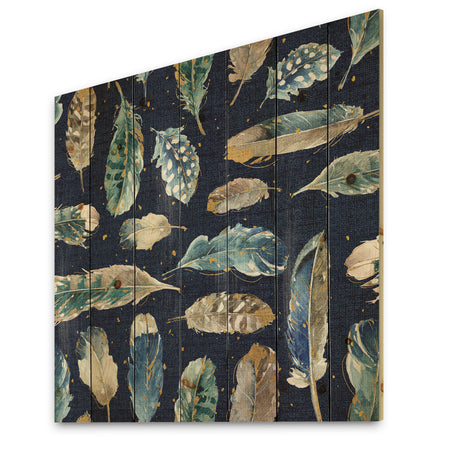 Indigold metallic feathers Pattern - Floral Print on Natural Pine Wood