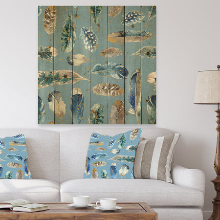 Indigold Feathers Turquoise Pattern - Floral Print on Natural Pine Wood