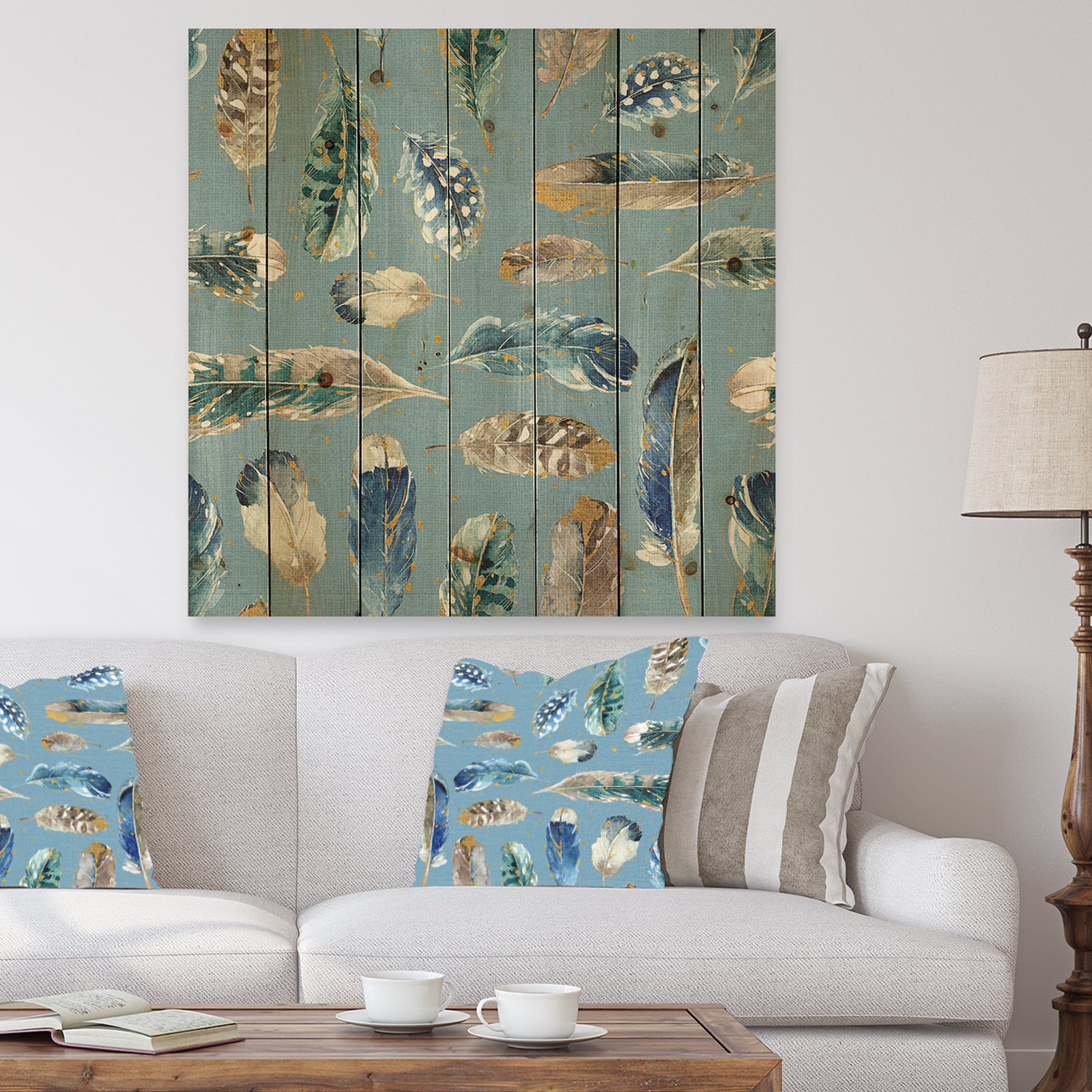 Indigold Feathers Turquoise Pattern - Floral Print on Natural Pine Wood