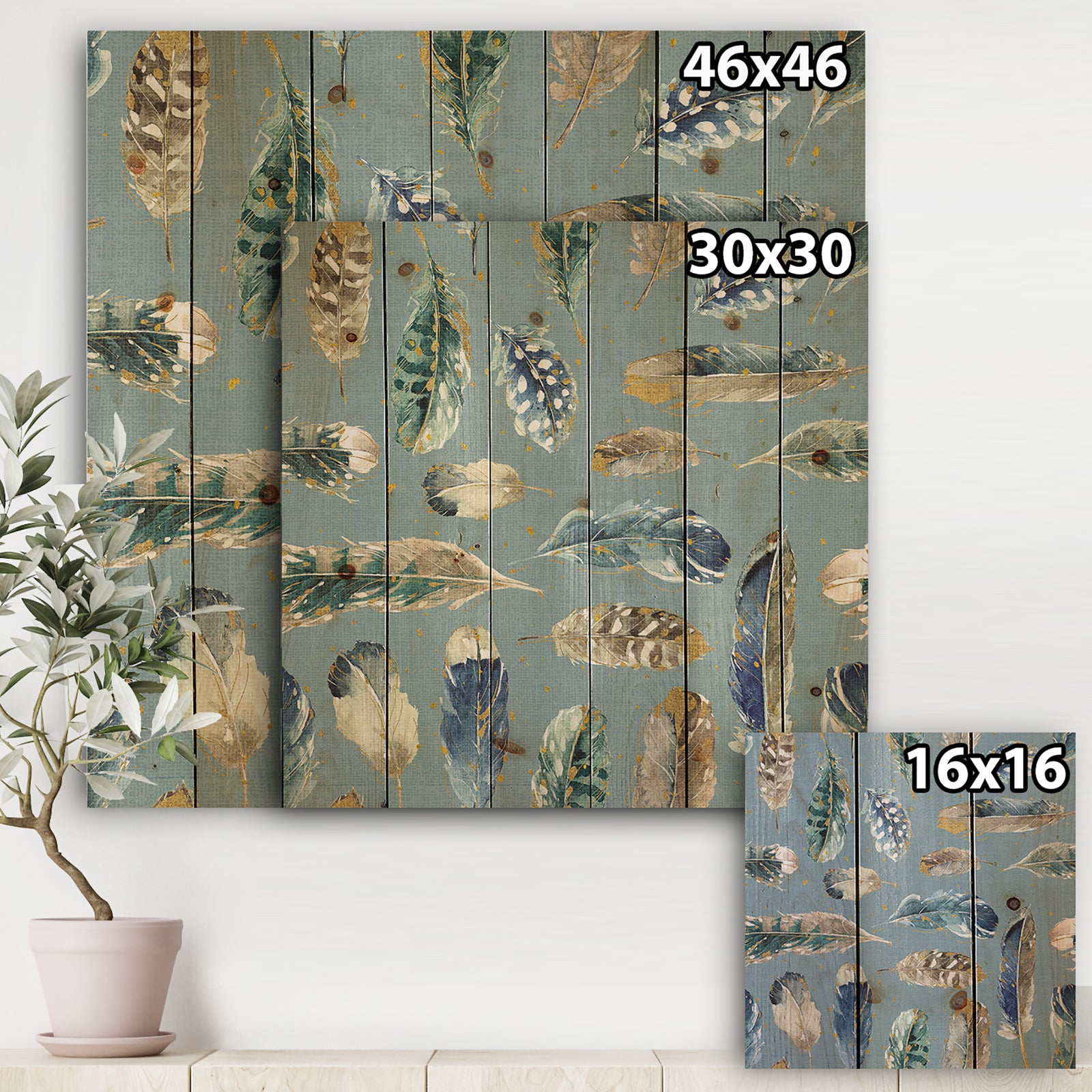 Indigold Feathers Turquoise Pattern - Floral Print on Natural Pine Wood