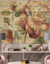 Romantic Dark Rose Blossing Flowers - Floral Print on Natural Pine Wood