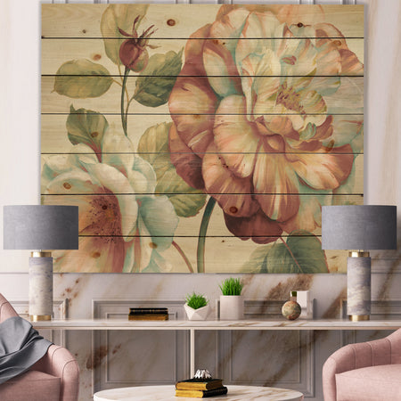 Romantic Dark Rose Blossing Flowers - Floral Print on Natural Pine Wood