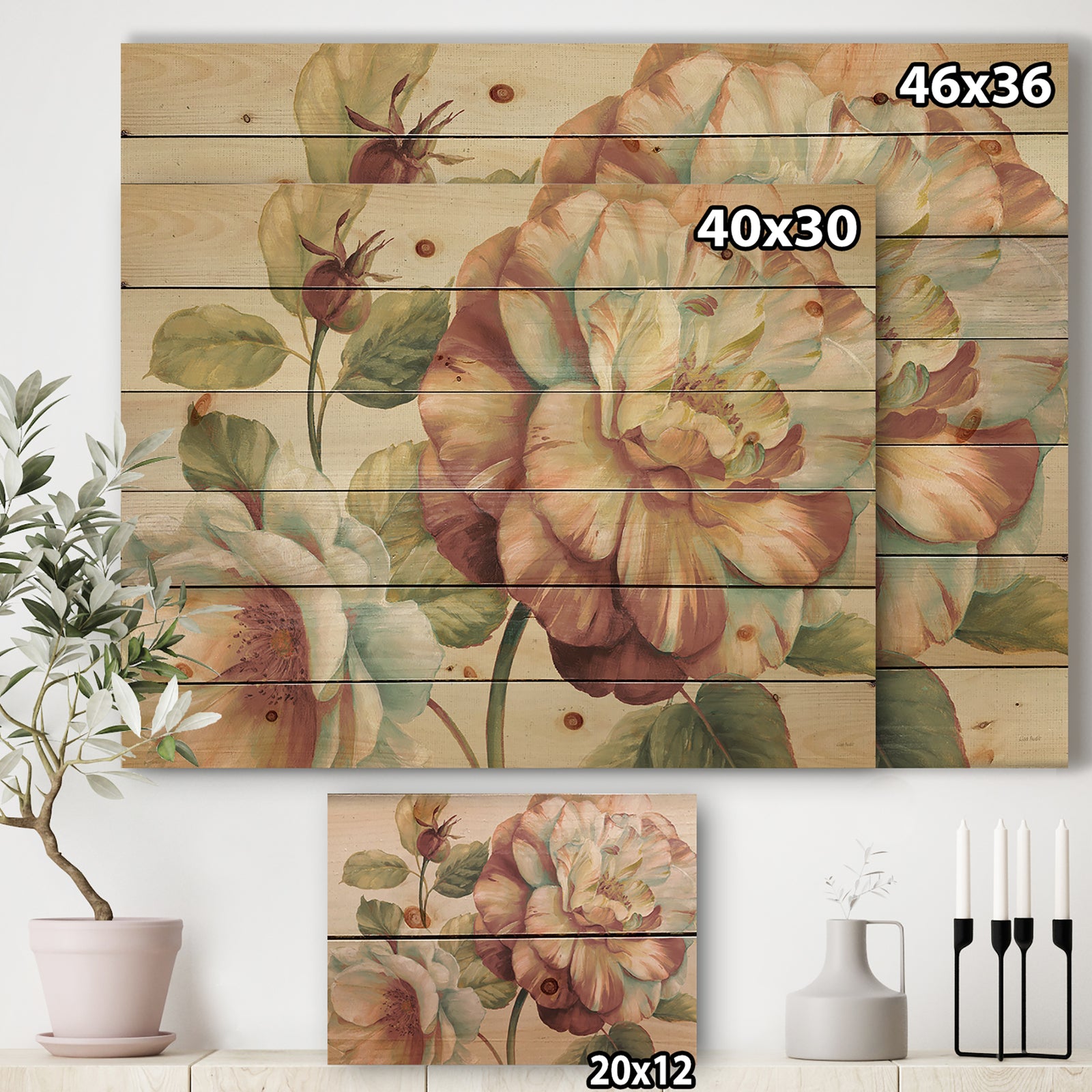 Romantic Dark Rose Blossing Flowers - Floral Print on Natural Pine Wood