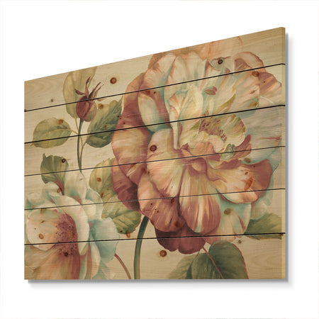 Romantic Dark Rose Blossing Flowers - Floral Print on Natural Pine Wood