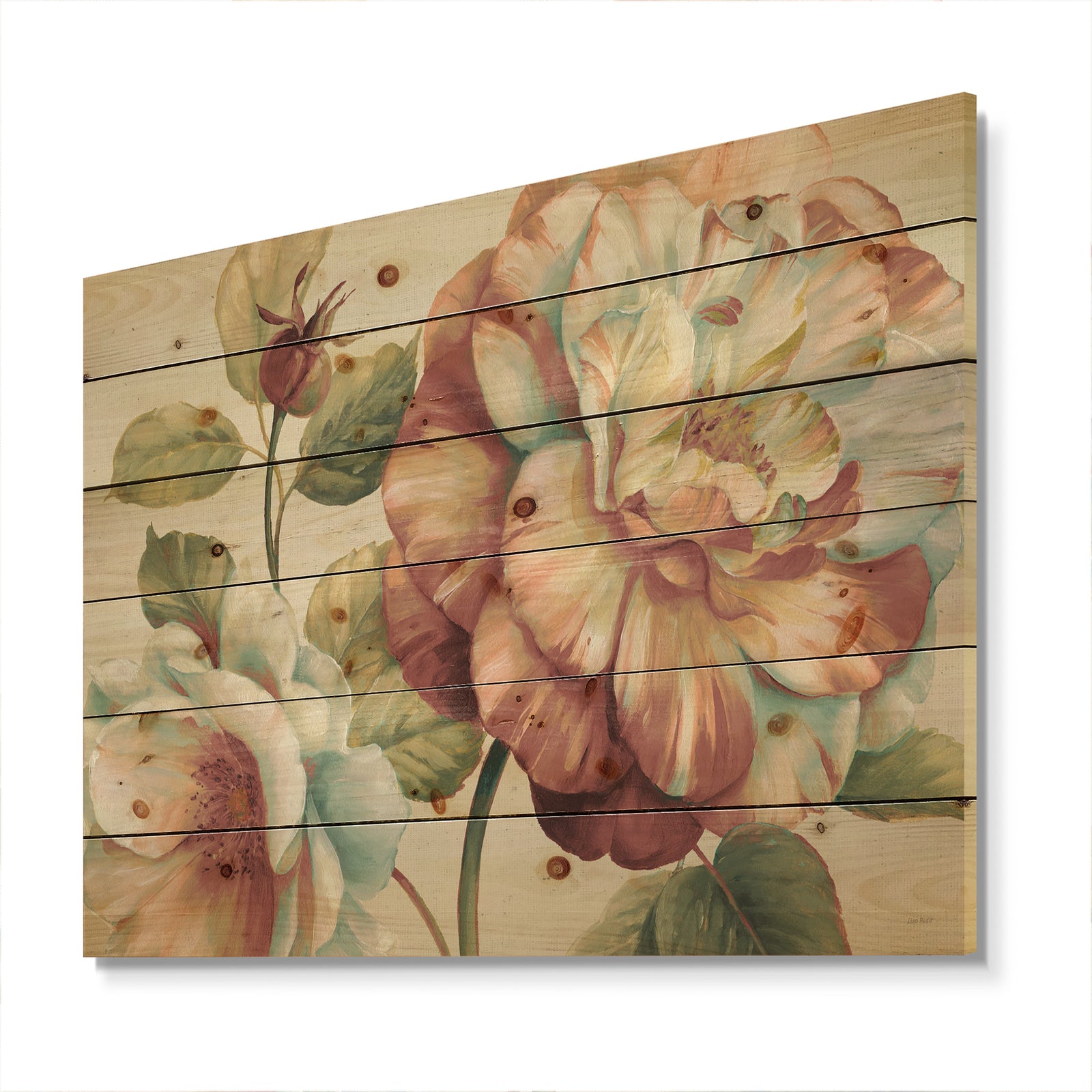 Romantic Dark Rose Blossing Flowers - Floral Print on Natural Pine Wood