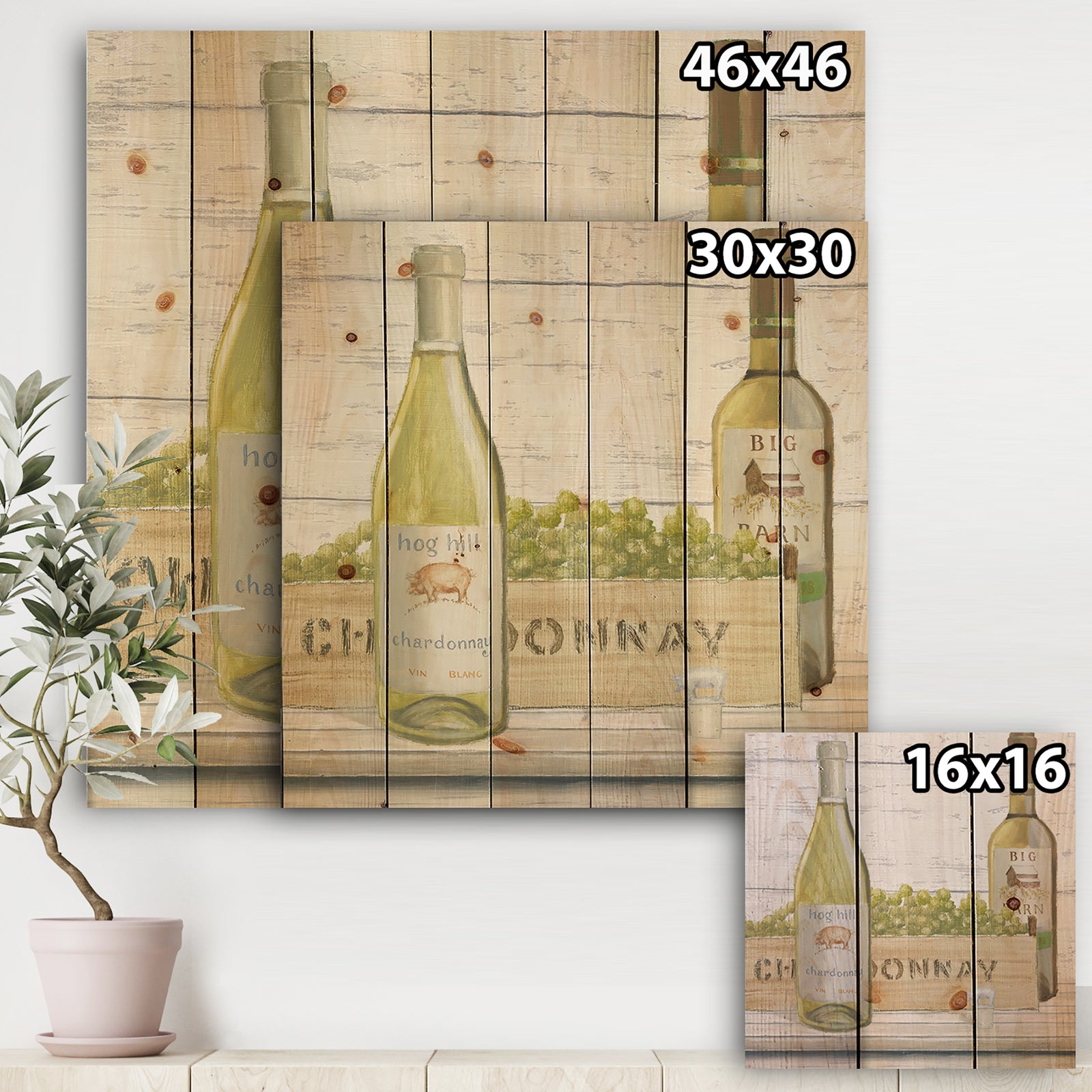 White Chardonnay Wine Bottles - Food and Beverage Print on Natural Pine Wood