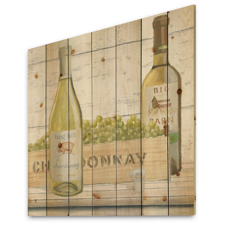 White Chardonnay Wine Bottles - Food and Beverage Print on Natural Pine Wood