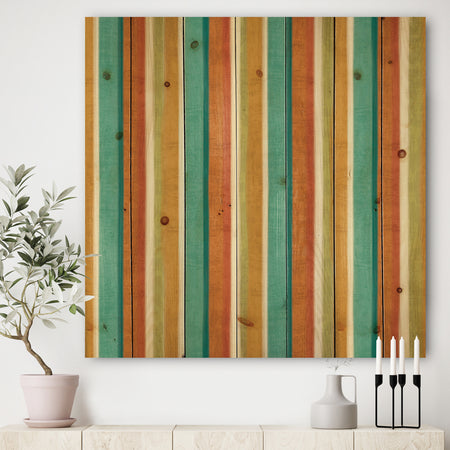 Blue, Green and Orange Vertical Abstract Stripes - Mid-Century Modern Print on Natural Pine Wood