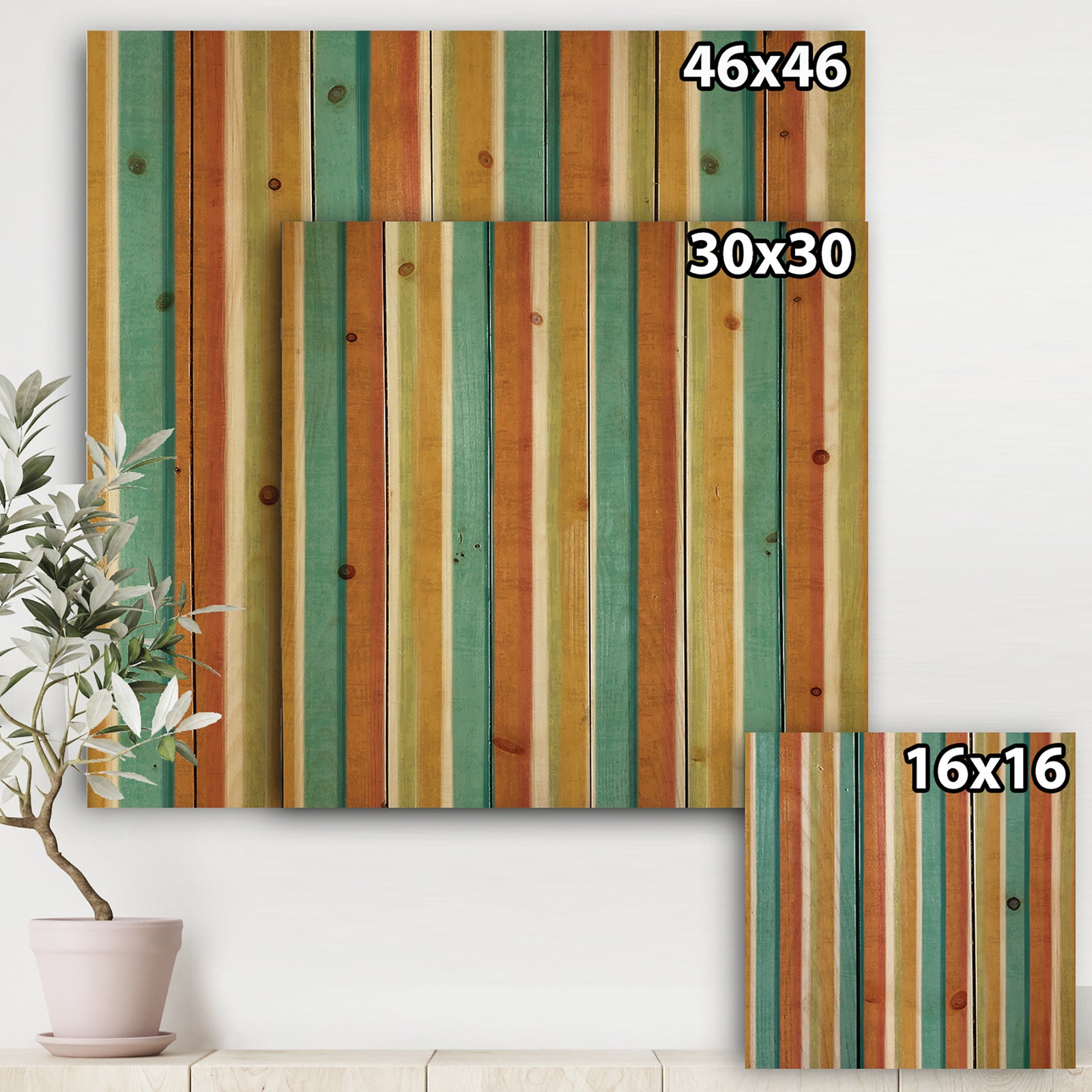 Blue, Green and Orange Vertical Abstract Stripes - Mid-Century Modern Print on Natural Pine Wood