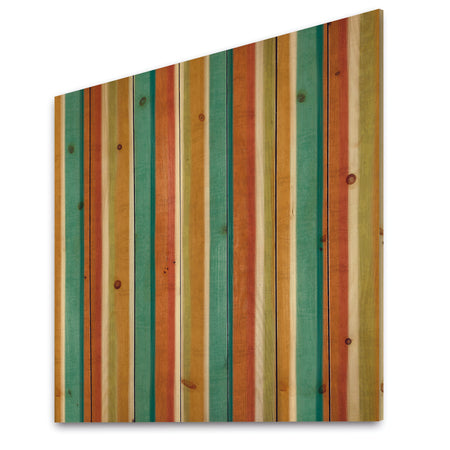 Blue, Green and Orange Vertical Abstract Stripes - Mid-Century Modern Print on Natural Pine Wood
