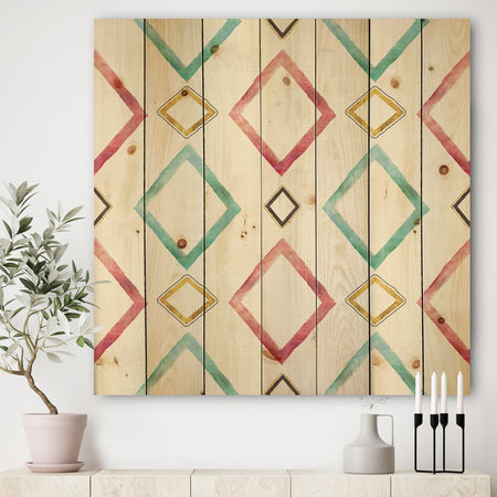 Gilded Red and Blue Diamonds - Transitional Print on Natural Pine Wood