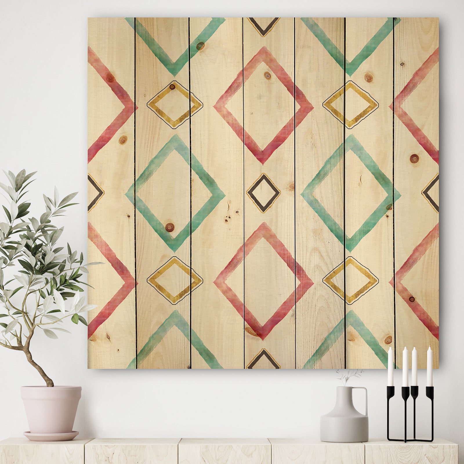 Gilded Red and Blue Diamonds - Transitional Print on Natural Pine Wood