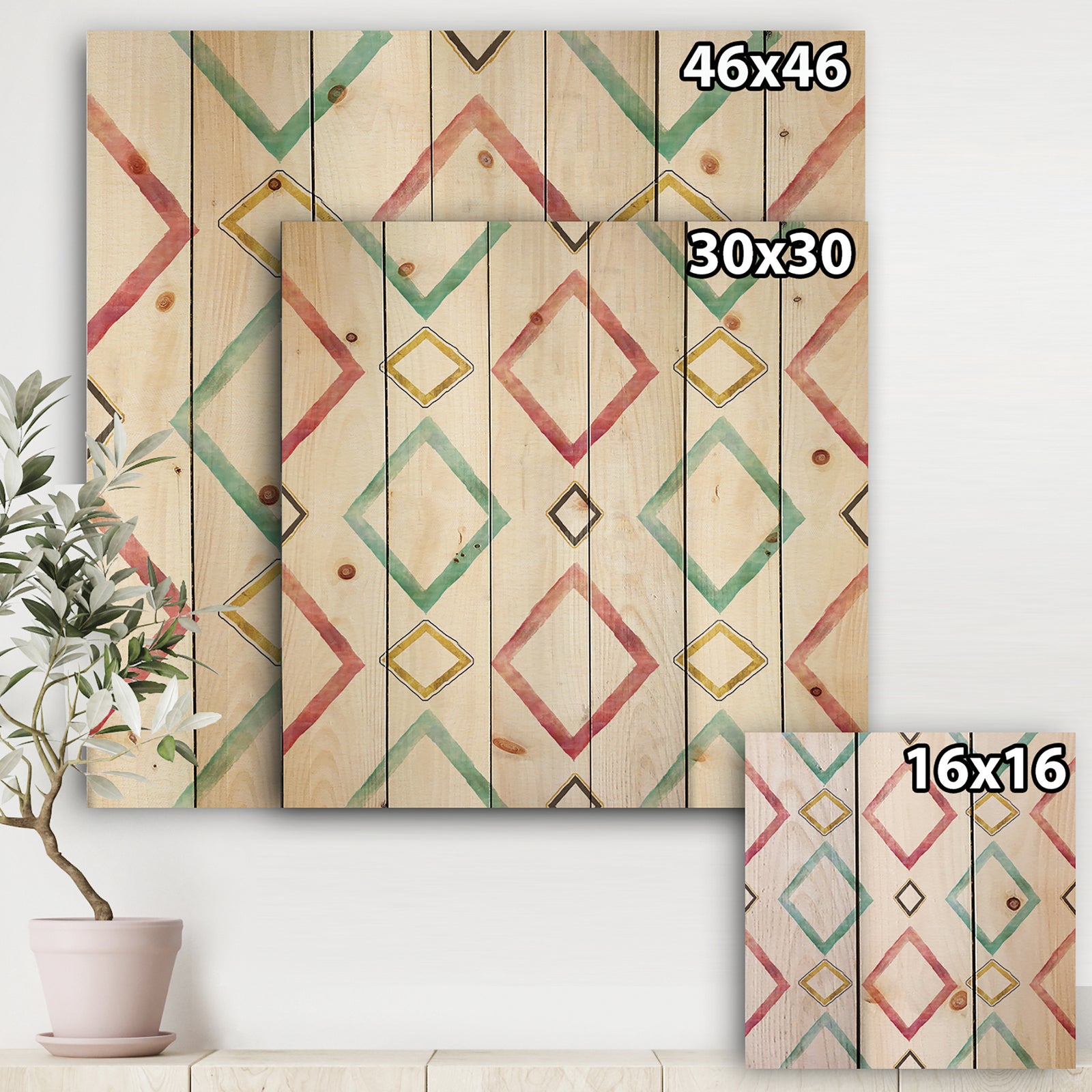 Gilded Red and Blue Diamonds - Transitional Print on Natural Pine Wood