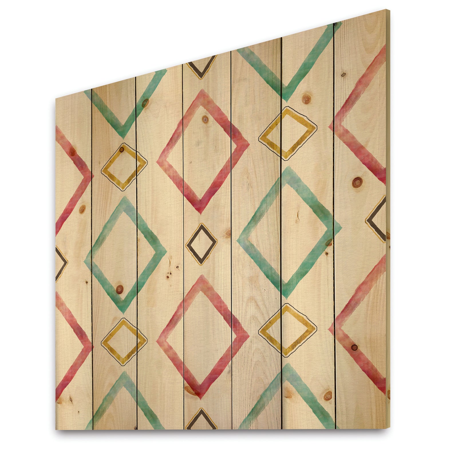 Gilded Red and Blue Diamonds - Transitional Print on Natural Pine Wood