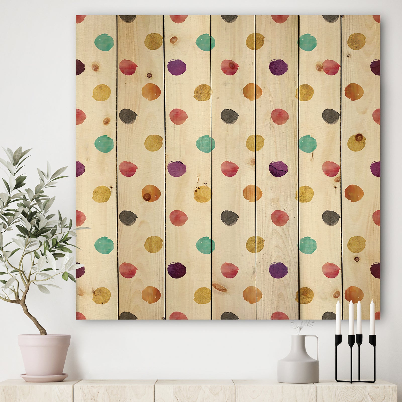 Orange Blue and Purple Polka Dot Pattern - Transitional Print on Natural Pine Wood