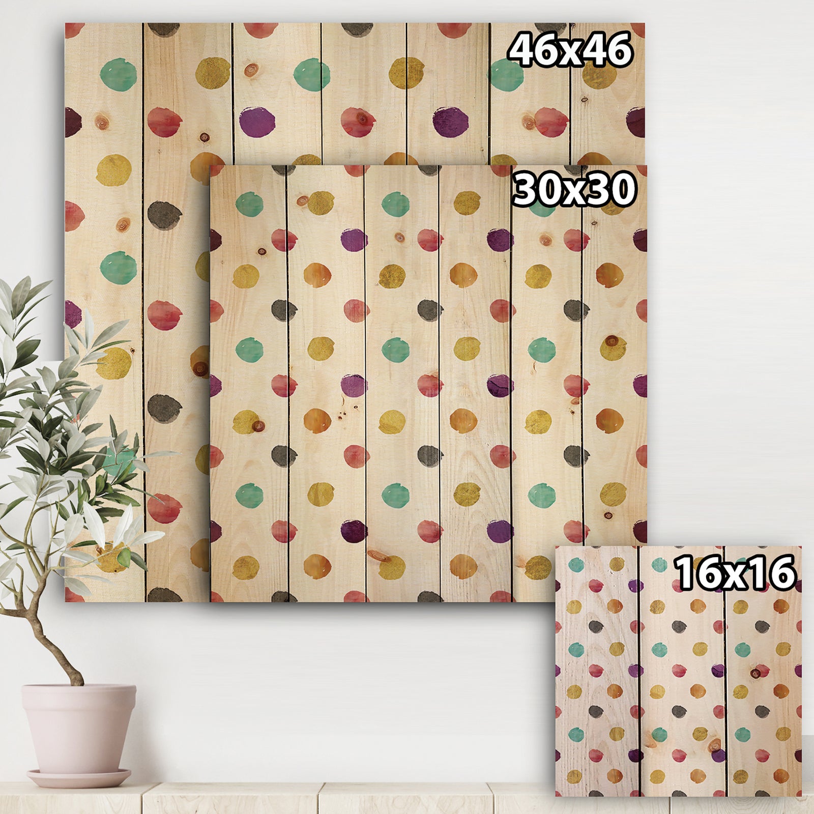Orange Blue and Purple Polka Dot Pattern - Transitional Print on Natural Pine Wood