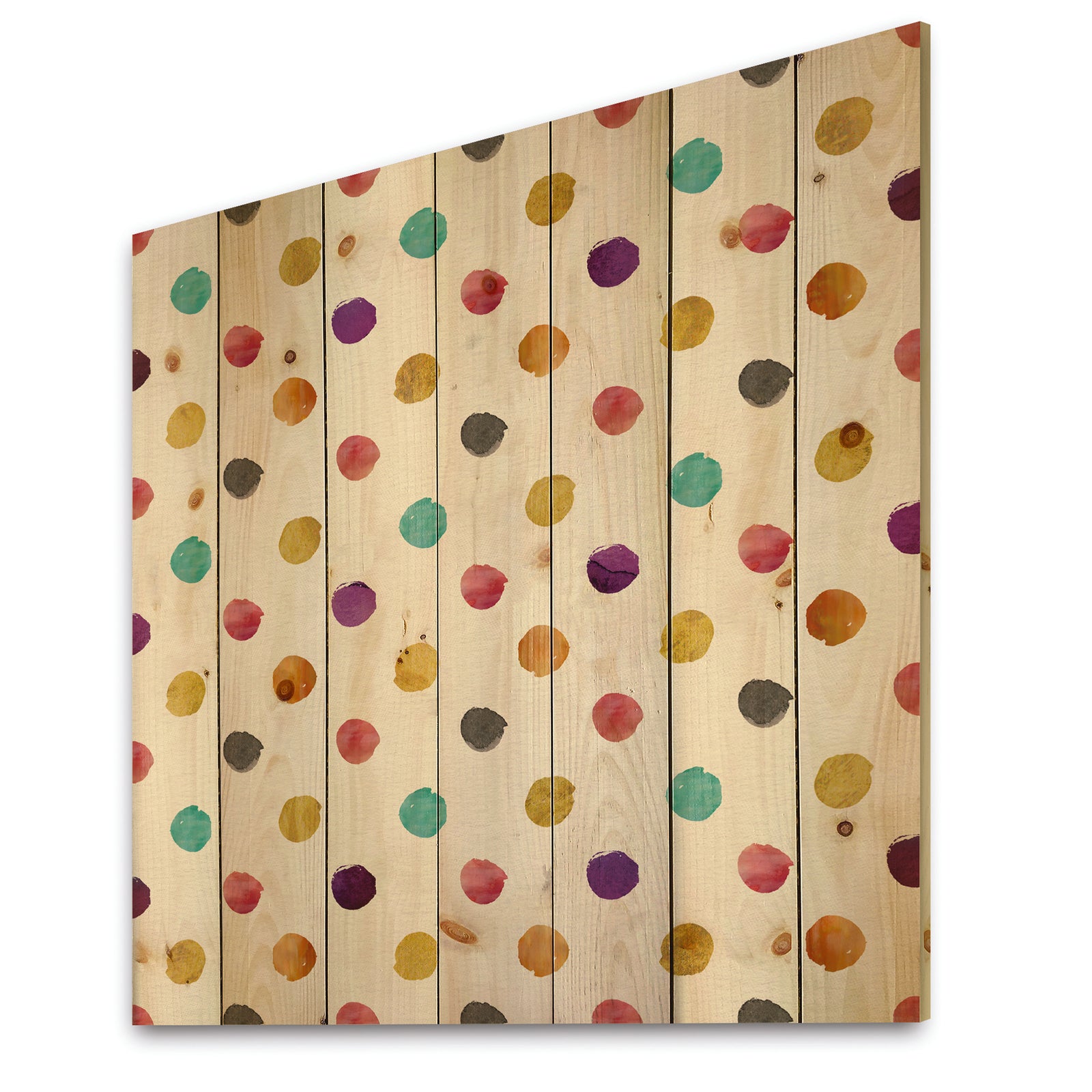 Orange Blue and Purple Polka Dot Pattern - Transitional Print on Natural Pine Wood