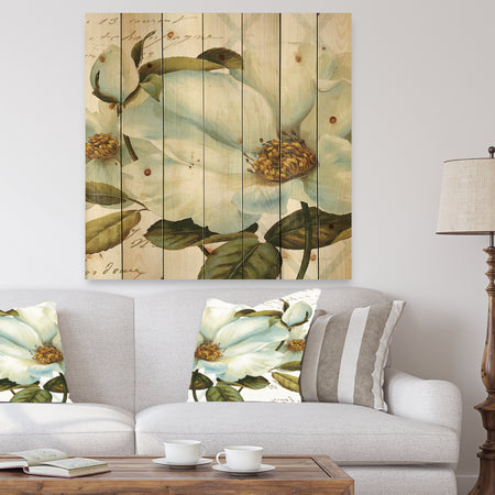 White Blossoming Flower Close-up - Modern Farmhouse Print on Natural Pine Wood