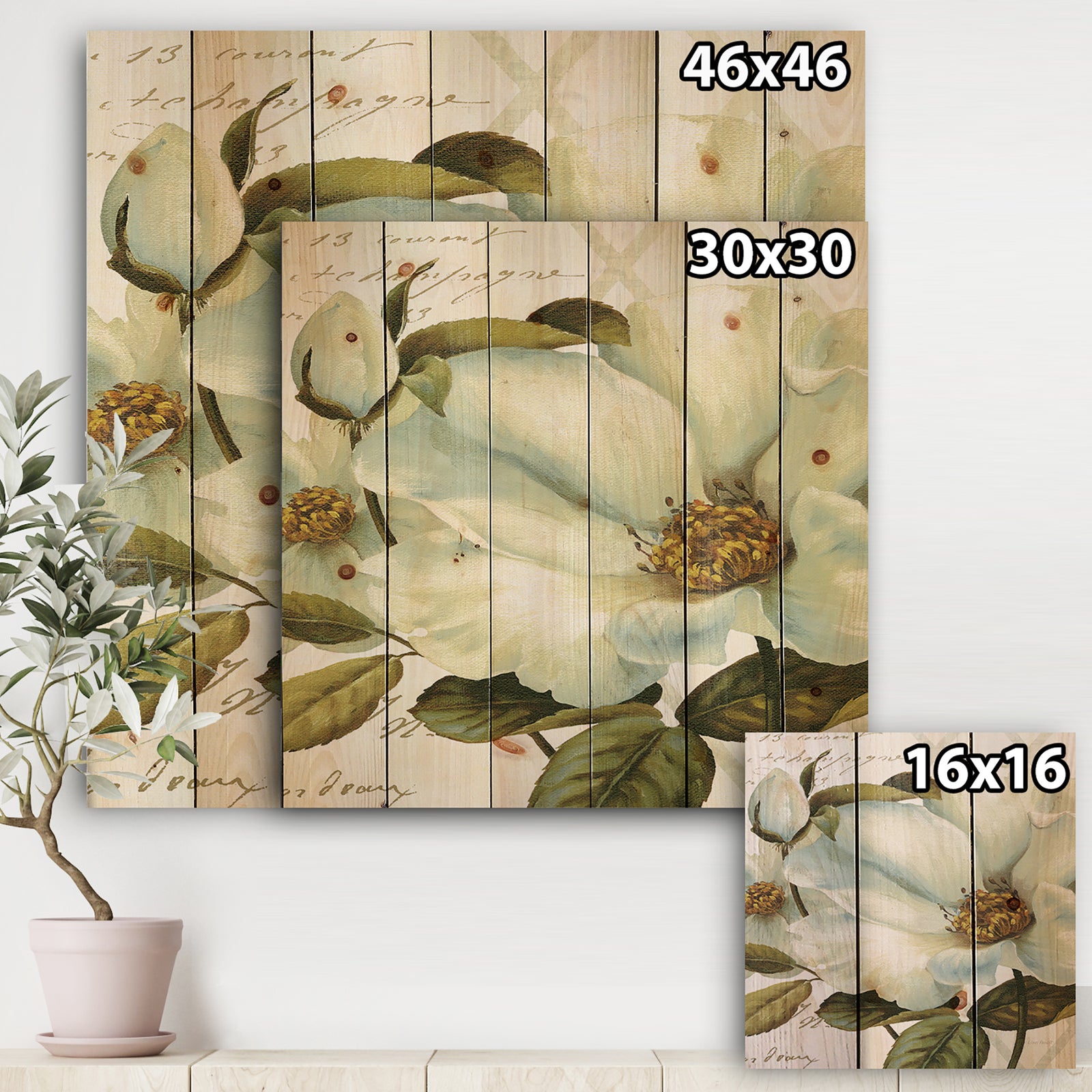 White Blossoming Flower Close-up - Modern Farmhouse Print on Natural Pine Wood