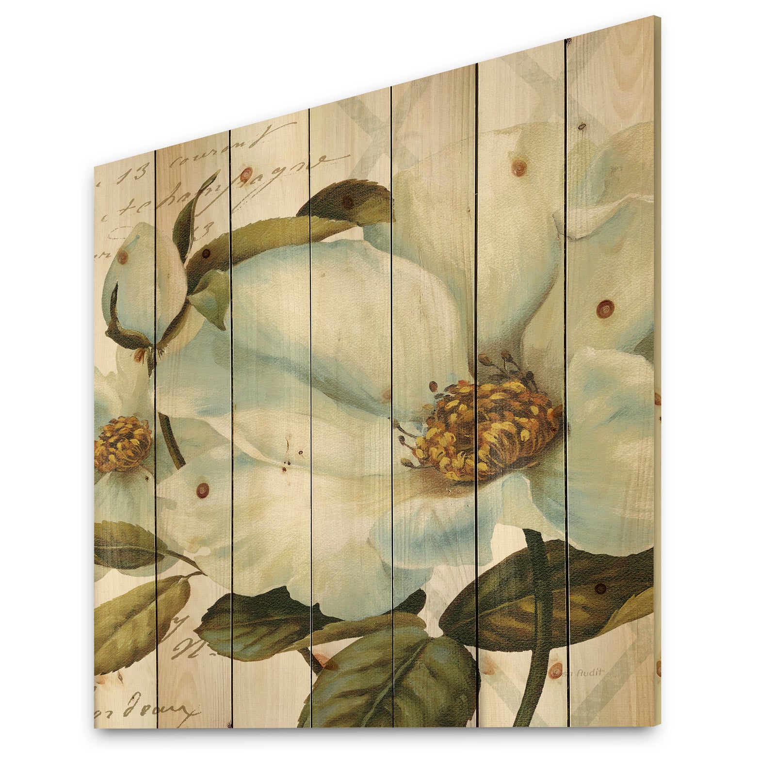White Blossoming Flower Close-up - Modern Farmhouse Print on Natural Pine Wood