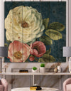 White and Pink Damask Rose Flowers - Farmhouse Print on Natural Pine Wood