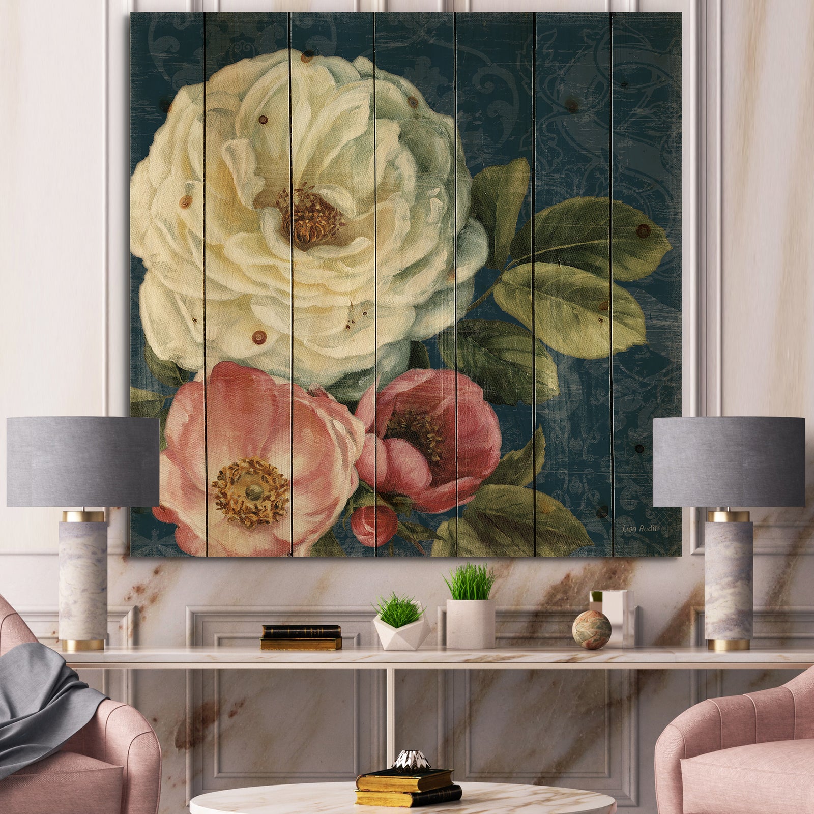White and Pink Damask Rose Flowers - Farmhouse Print on Natural Pine Wood