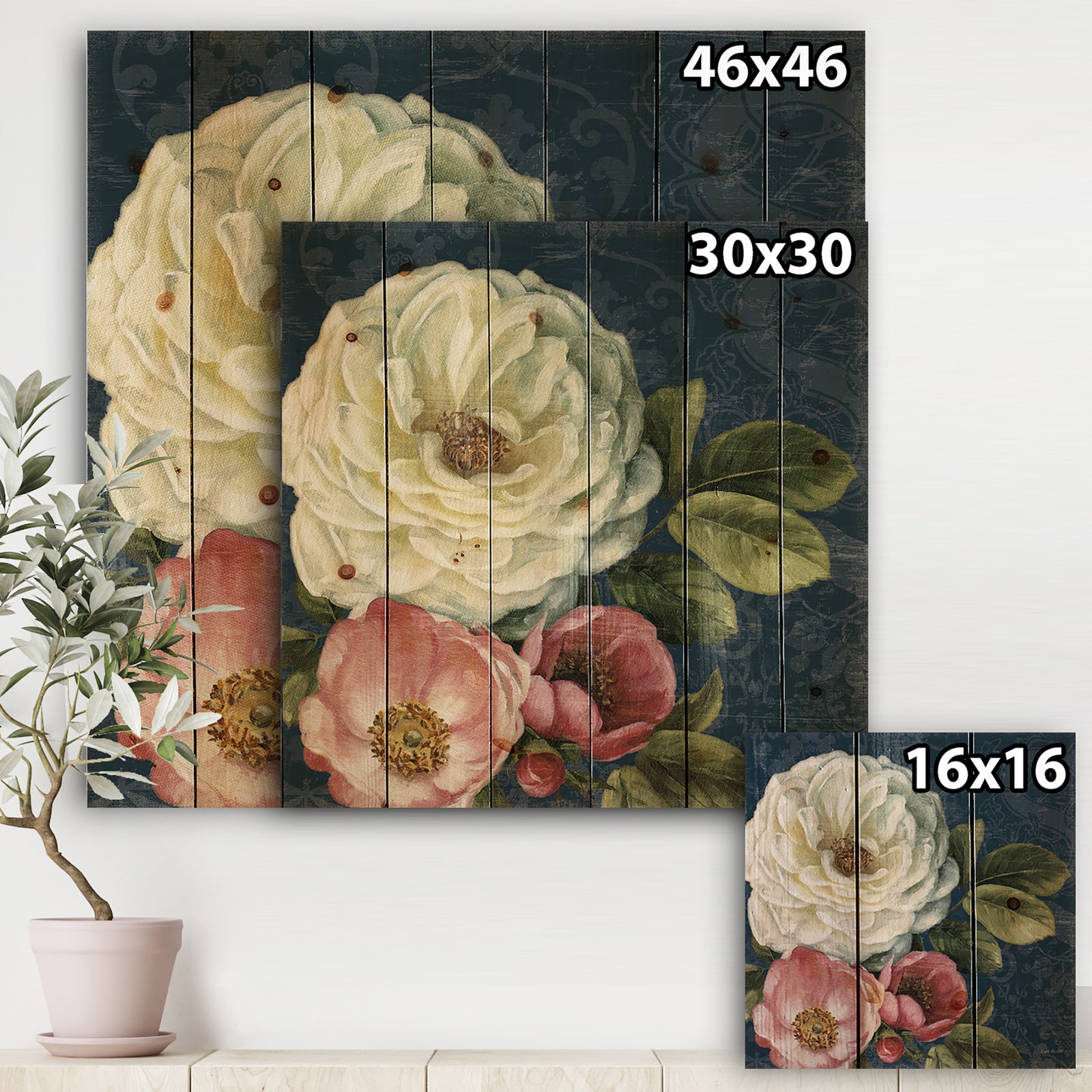 White and Pink Damask Rose Flowers - Farmhouse Print on Natural Pine Wood