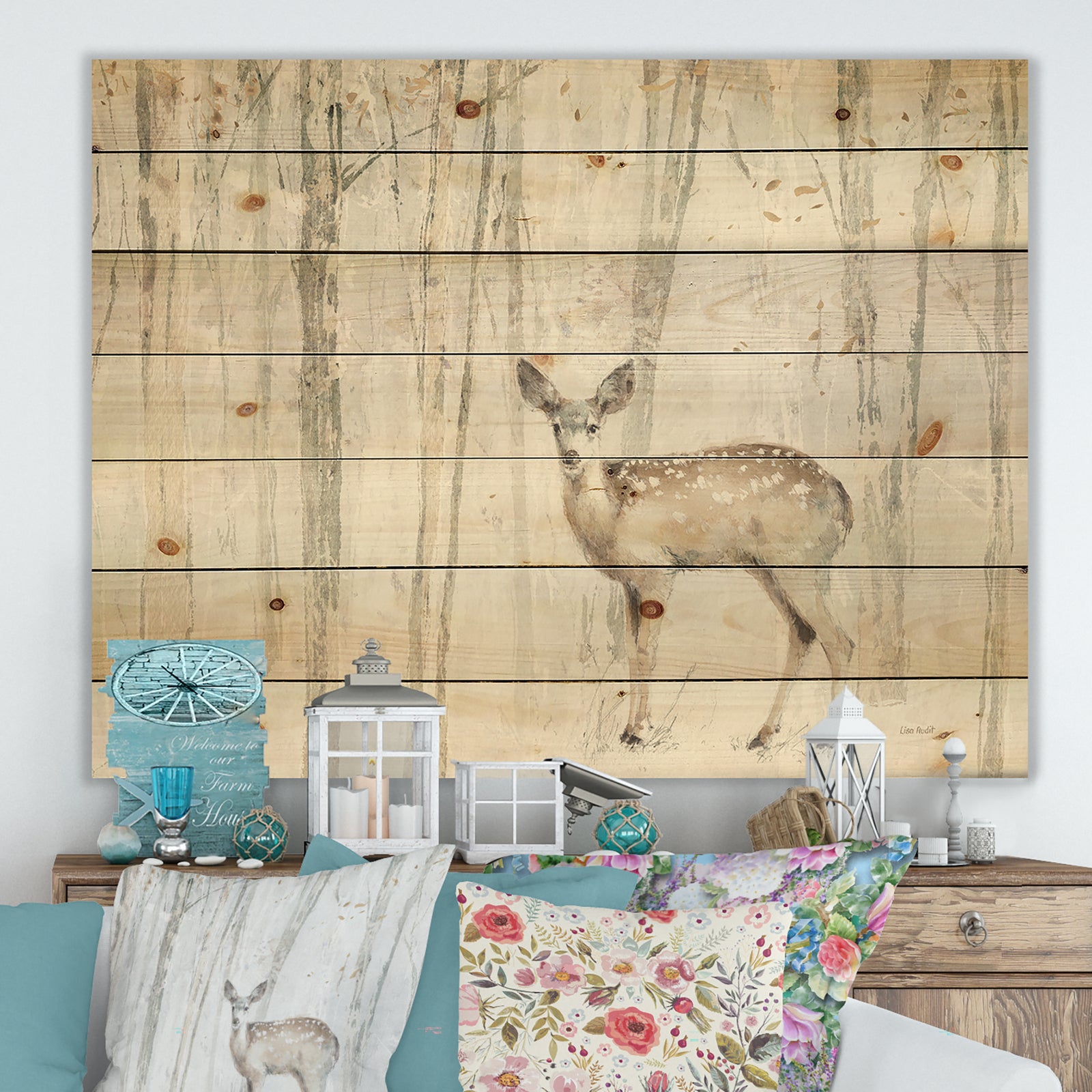 A Woodland Walk into the Forest I - Modern Farmhouse Print on Natural Pine Wood