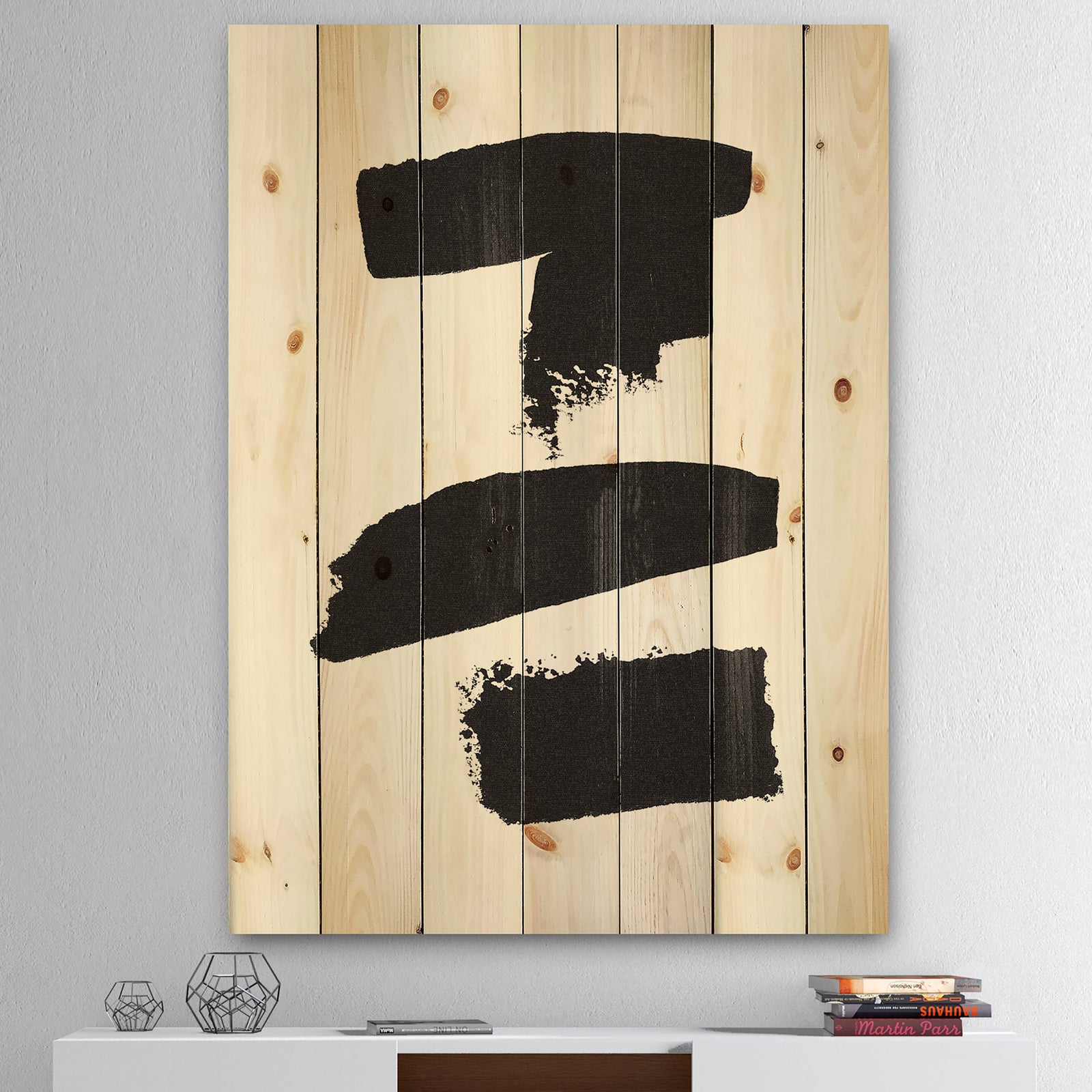 Black and White Geometric Company I - Mid-Century Modern Print on Natural Pine Wood