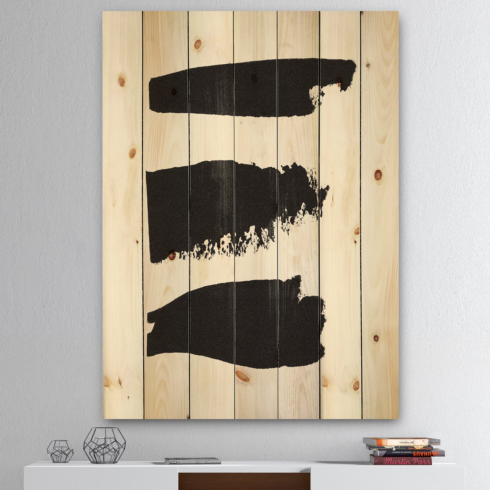 Black and White Geometric Company II - Mid-Century Modern Print on Natural Pine Wood