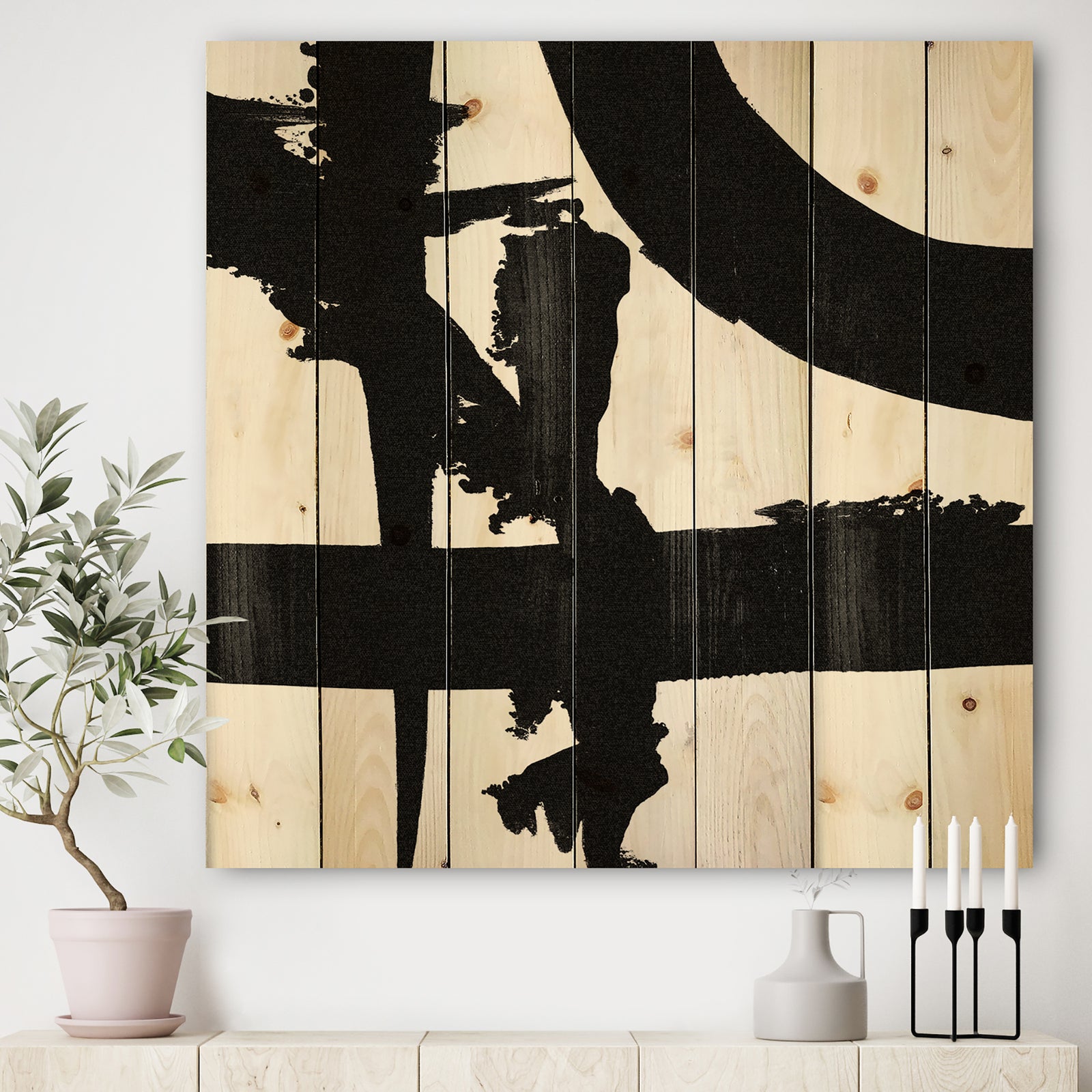 Black & White Crossing Paths I - Modern & Contemporary Print on Natural Pine Wood