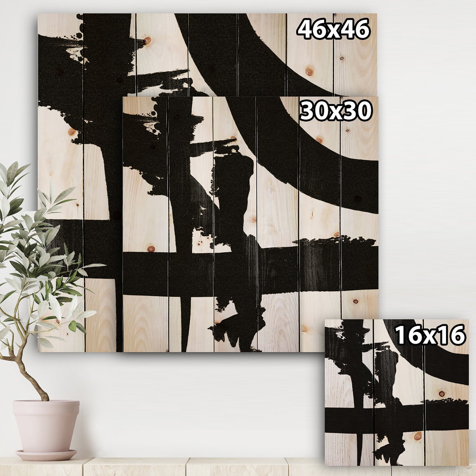Black & White Crossing Paths I - Modern & Contemporary Print on Natural Pine Wood