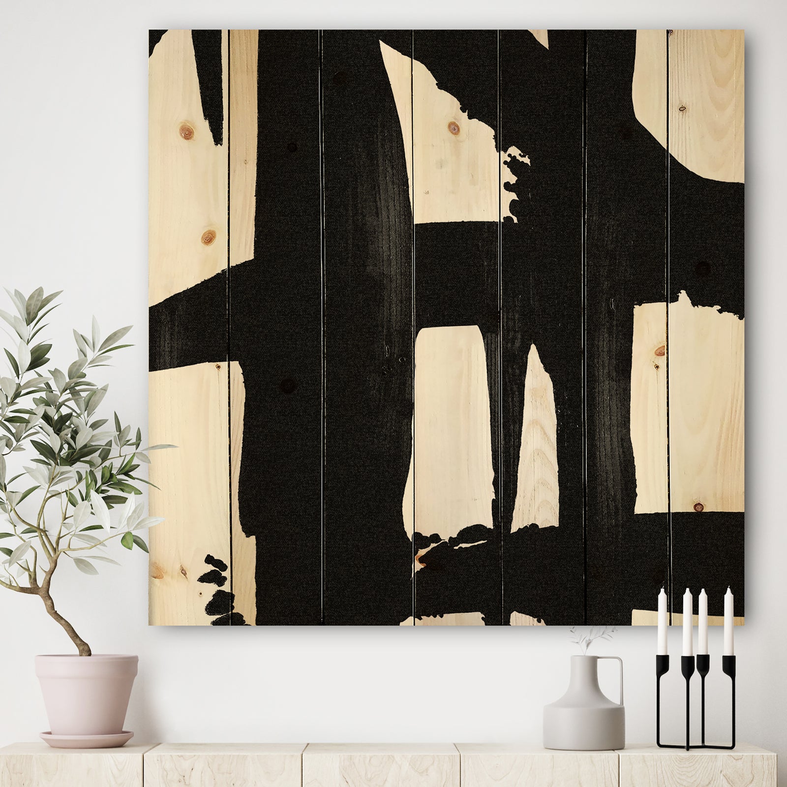 Black & White Crossing Paths II - Modern & Contemporary Print on Natural Pine Wood
